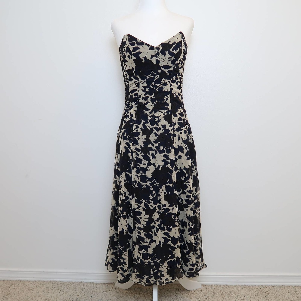 Vintage 80s Emmanuelle Khanh Paris cream navy floral silk strapless corset dress